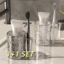 Glacier Style Mouthwash Cup With Integrated Toothbrush Holder, Ripple Textured Bathroom Tumbler With Handle Slot, Space-Saving Toothbrush Organizer Cup For Vanity - With Handles - View 12