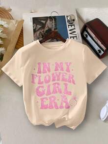 Girls "My Flower Girl Era" Graphic Round Neck Short Sleeve T-Shirt, Casual Tee For School, Vacation And Shopping, Spring/Summer - Apricot - View 3