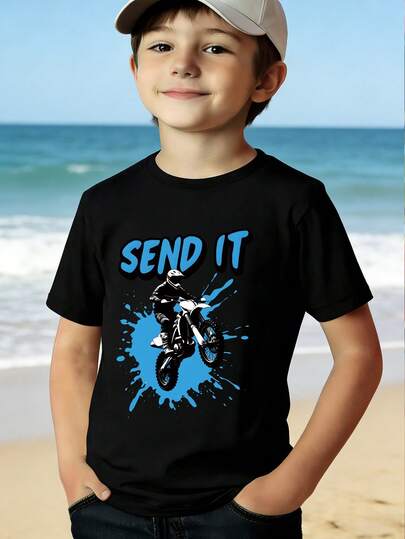 Young Boy Casual Cool Street Daily Commute Motorcycle Rider Letter Print Short Sleeve T-Shirt, Summer