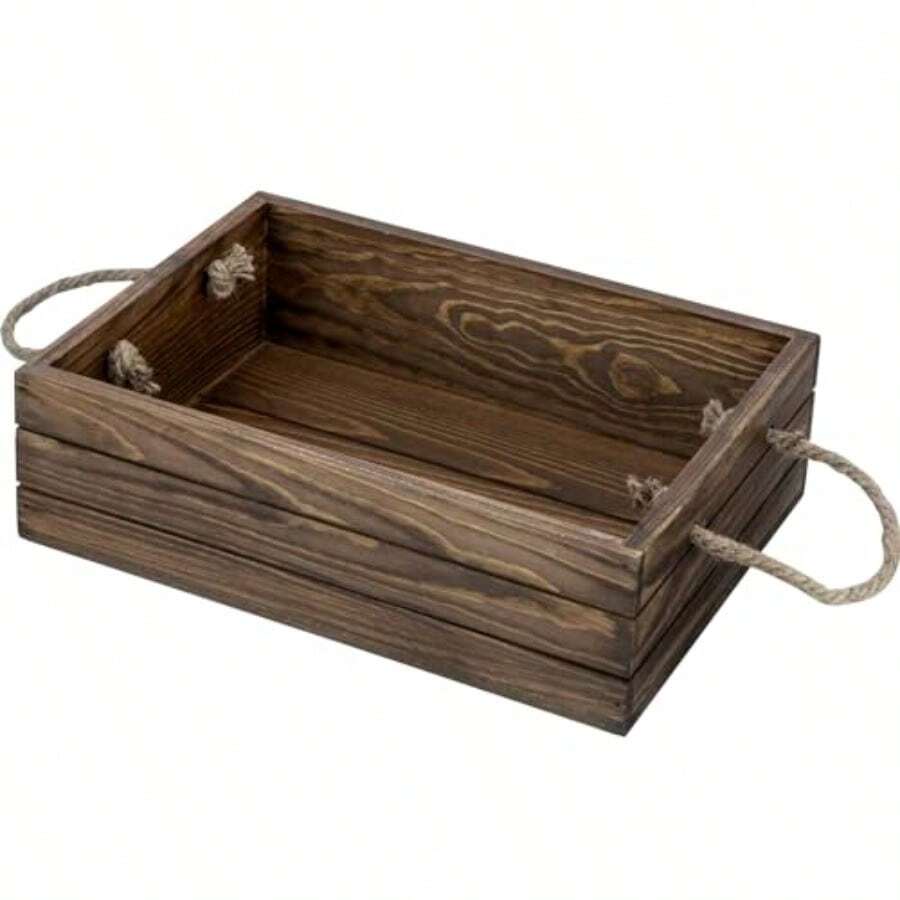 MyGift Caja organizadora Hecha en Madera rustica Color cafe Tiene Asas de Cuerda de Yute. Caja de Madera sin Tapa Funcional y Decorativa - Marrn - Ver 1