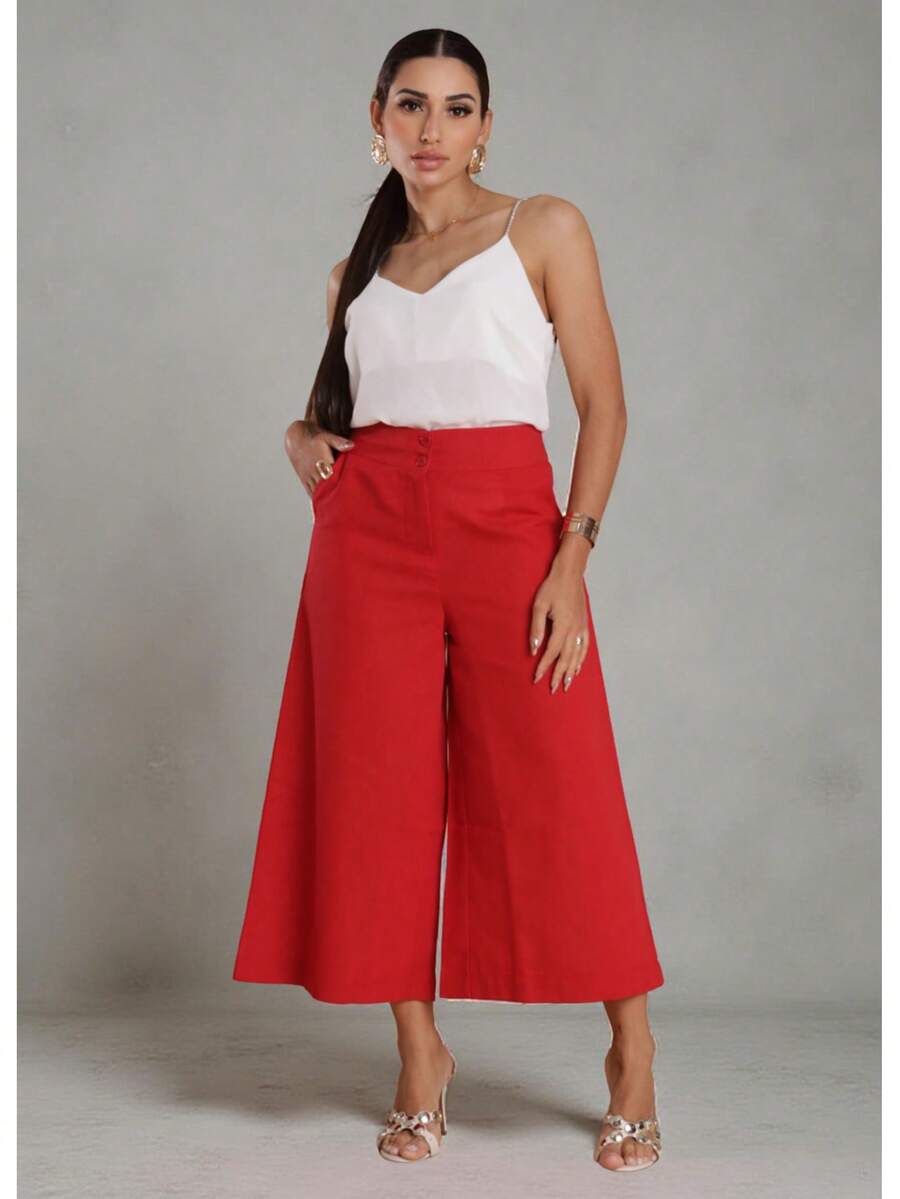 Women's Linen Capri Midi Button Pocket Wide Leg Flare High Waist Casual Pantacourt Pants - Red - View 1