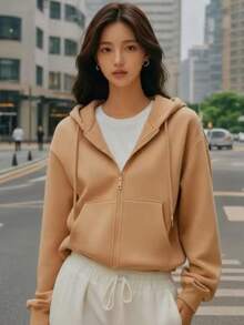 Women's Hoodie With Zipper Closure, Zipper Pocket, Women's Hoodie With Zipper Closure, Daily Wear - 駝色 - 查看 2