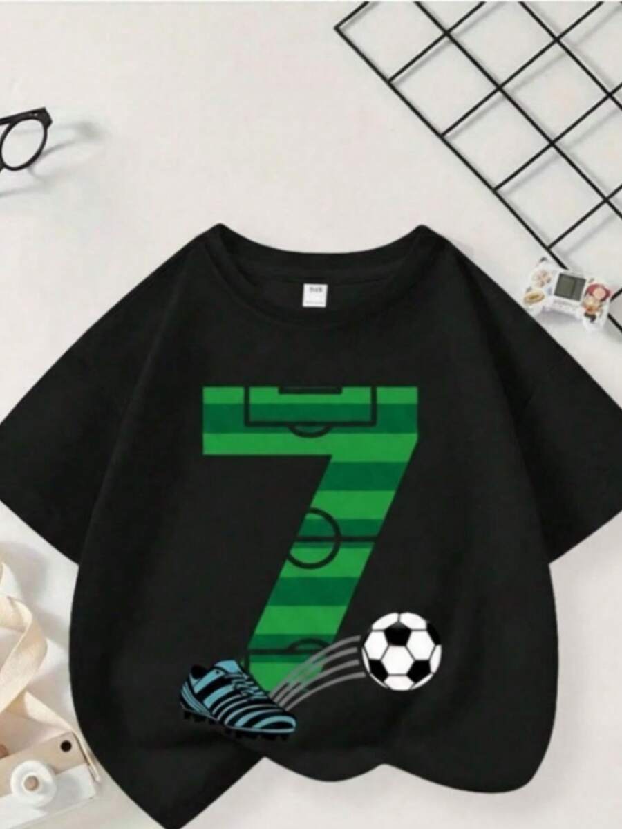Camiseta  Infantil Masculina Juvenil Gráfico de Futebol Estilo, Gola Redonda, Verão Fashion - Preto - Visão 1