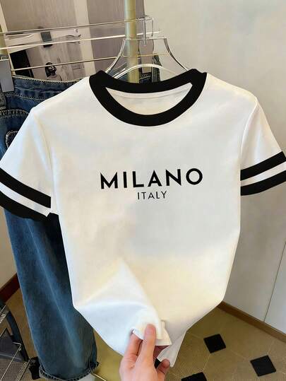 米兰标语图案T恤，撞色休闲上衣，适合通勤、夏季、度假、海滩穿着，大码女式休闲圆领短袖T恤