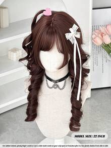 NAMM 22英寸棕色刘海角色扮演假发 - 长款波浪卷发刘海假发，耐热纤维合成全机染服装假发，适用于音乐派对、动漫角色扮演、摄影等场合。 - 棕色 - 查看 4