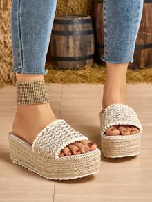 绳底坡跟厚底毛绒单带厚底时尚女鞋 - 銀色 - 查看 5