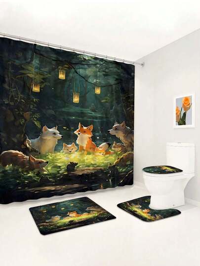 1/4 件装魔法森林狐狸印花防水浴帘，带小动物元素的挂毯，防滑浴室垫，U型马桶垫及盖，现代家居装饰，配有12个挂钩，防水涤纶面料，可机洗，适用于酒店、公寓、浴室装饰，四季皆宜，是馈赠亲朋好友的绝佳礼物