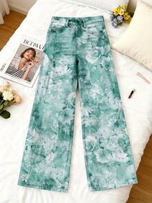 3D Women'S Imitation Faux Denim Teal Floral Tie Dye Pattern Print Autumn And Winter Suitable For Color Blocking, Plus Size, Loose Fitting, Embroidered, Durable Clothing, Embellished Faux Denim For Women, Faux Denim For Women High Waist Baggy Barrel - 彩色 - 查看 5