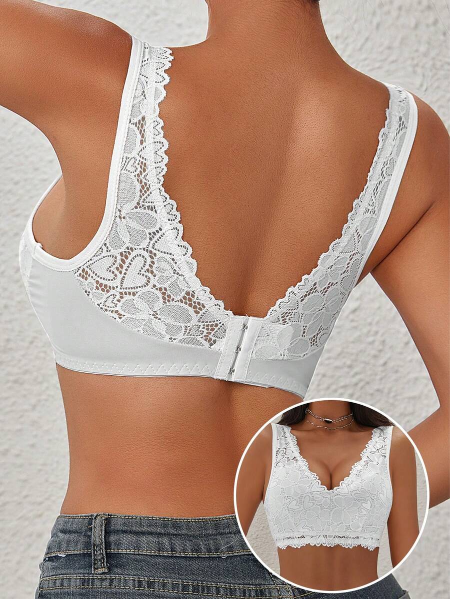 1pc EssElegance Embroidered Lace Deep V Plunge Seamless Comfortable Bra - White - View 1