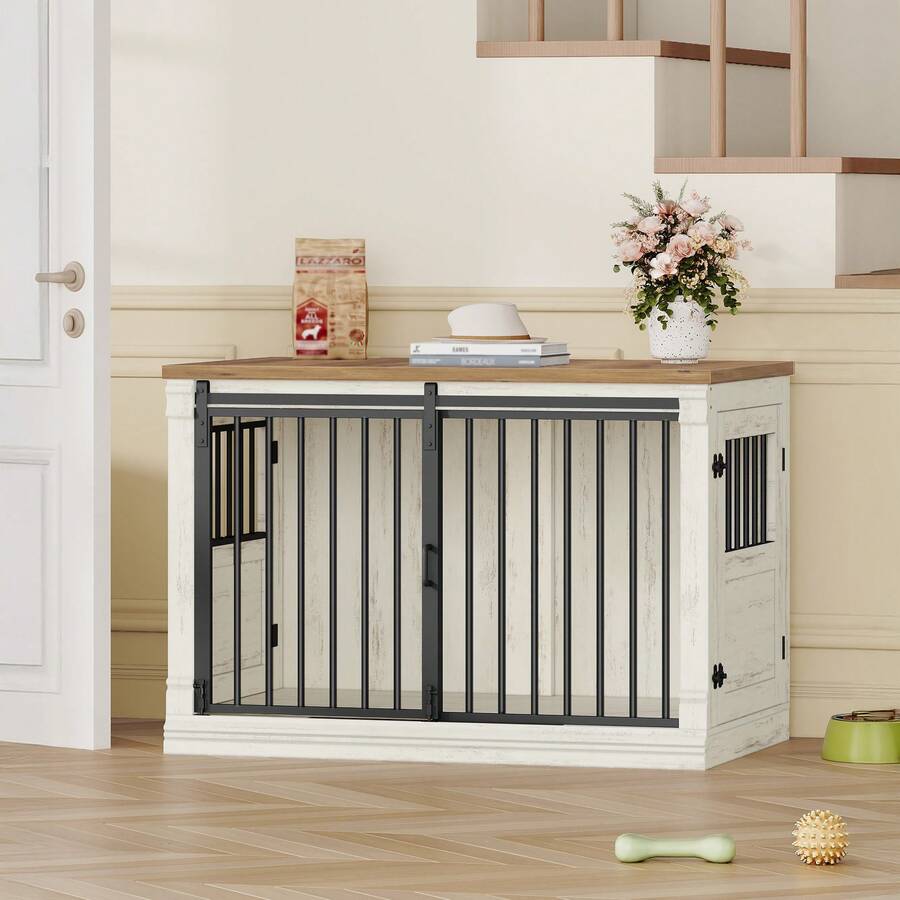 HaluPeit 101cm Dog Cage Furniture, Wooden Dog Box, Home Dog Crate With 3 Doors, Sliding Doors, For Small, Medium, And Large Dogs, Sturdy, Side Table, 101 * 60.5 * 70 Cm, White/Brown - White - View 1