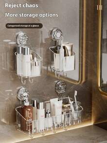 Suction Cup Bathroom Organizer Rack, Toilet Vanity Shelf, Wall Mounted Storage Box With Hooks, No Drilling Required - Multicolor - View 4