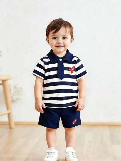 Summer Baby/Toddler Boys' Striped Polo Collar Short Sleeve Rocket Print T-Shirt + Solid Color Rocket Print Shorts Casual Polo Outfit