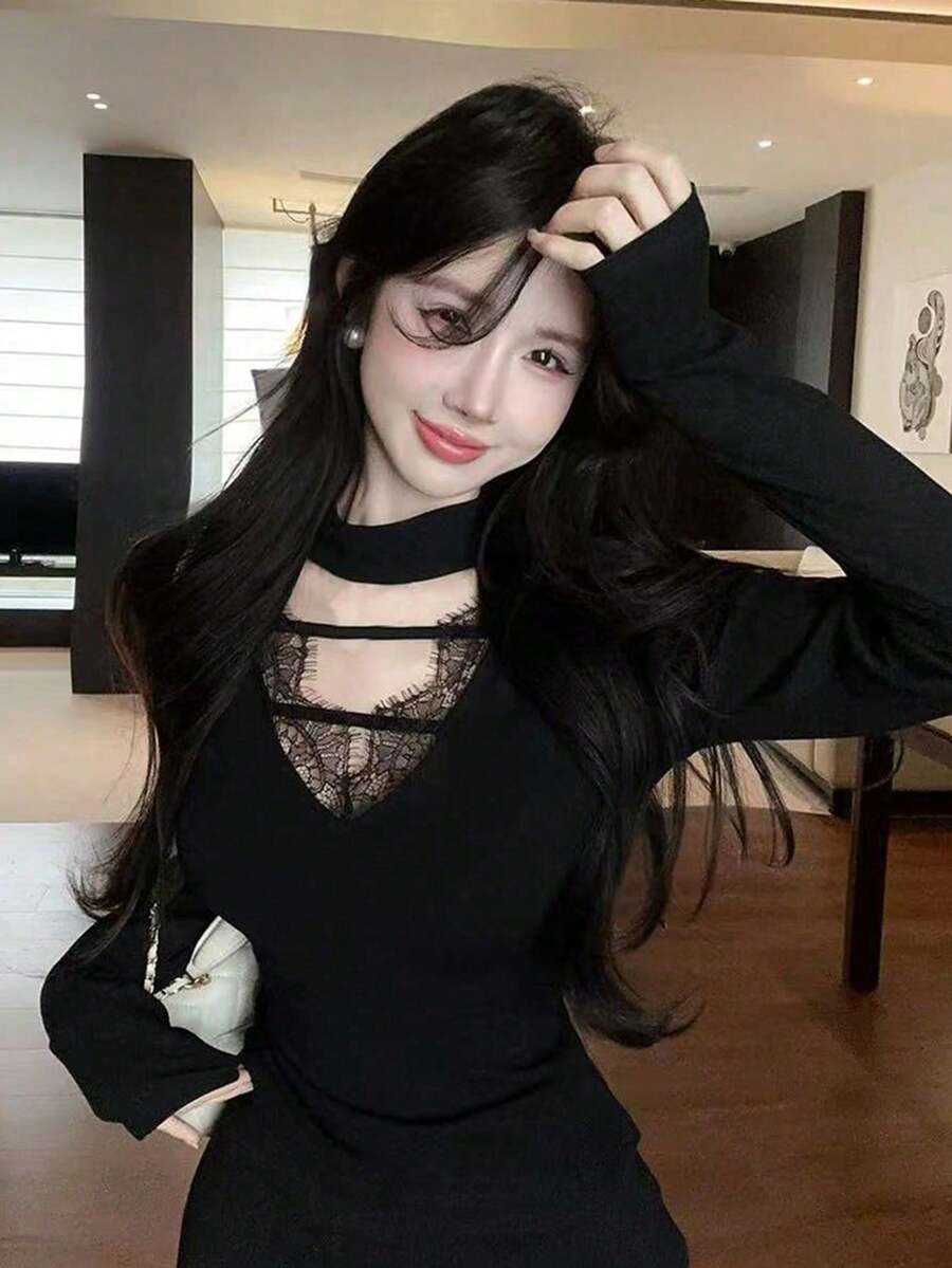 性感V领蕾丝边长袖修身镂空衬衫 - 黑色 - 查看 1