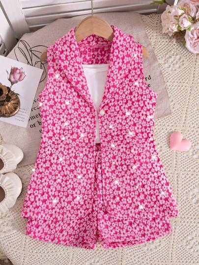 3pcs Girls Summer Set: Sleeveless Pearl Button Beaded Vest Jacket + Solid Color Camisole + Jacquard Casual Shorts, Suitable For Outdoor, Beach, Holiday