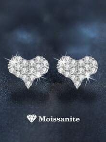 2pcs Minimalist Luxury 925 Sterling Silver Earrings With 1.5mm X 34pcs Moissanite Heart Design, Suitable For Women's Daily Wear, Party, Holiday, Valentine's Day, Mother's Day, Wedding Anniversary, Women's Jewelry Gift - Silver - View 5