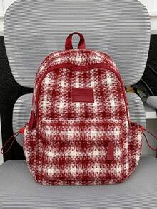 1pc Red & White Plaid Canvas Multi-Compartment Backpack, Zipper Closure, Suitable For Students And Commuting, All Season - Multicolor - View 14
