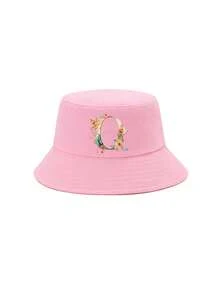 1顶女童粉色花卉字母图案渔夫帽，26个字母个性化时尚款，复古优雅轻便防晒，适合生日、节日、返校、四季休闲、户外、日常佩戴 - 粉色 - 查看 53