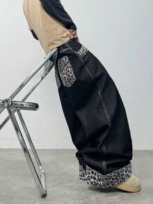 1件复古美式街头风拼接豹纹阔腿牛仔裤，时尚休闲宽松舒适日常穿着牛仔裤（不含腰带和配饰） - 黑色 - 查看 3