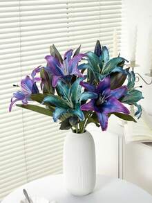 1 pieza Flor artificial de lirio azul de doble cabeza vintage - Decoración del hogar de primavera, adecuada para la mesa de la sala de estar, adornos de boda, flores artificiales, decoración del hogar - Multicolor - Ver 2