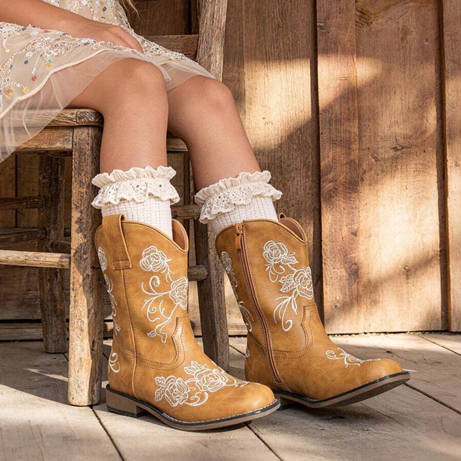 Girls Cowboy Boots Floral Embroidered Classic Western Cowgirl Boots Square Toe Mid Calf Side Zipper Horsing Party Toddler/Little/Big Kids - Màu Khaki - Xem 1