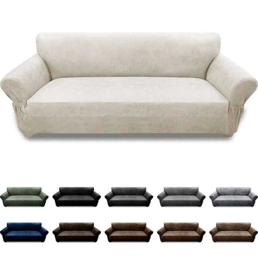 Couch Cover Leather Look 3 Seater Couch Sofa Cover 1-Piece Sofa Slipcover Stretch Furniture Protector With Elastic Bottom & Pockets(Sofa, Beige) - Beige - View 1