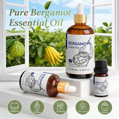  HIQILI 100mL/30mL/10mL Bergamot Essential Oil, Pure Natural Citrus Essential Oil For Cleaning, Nourishing Skin, Diffuser, Humidifier, Massage, Deep Relaxation, Stress Relief, Candles Soaps Making