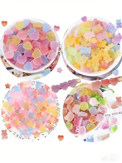 5/10/20/30/50/60/80/100/150/200颗彩色迷你扁熊软糖，星星、爱心造型，树脂材质，可用于工艺品制作、糖果设计装饰，适用于手机壳、剪贴簿、DIY工艺品、美甲、发夹、耳环等饰品制作。