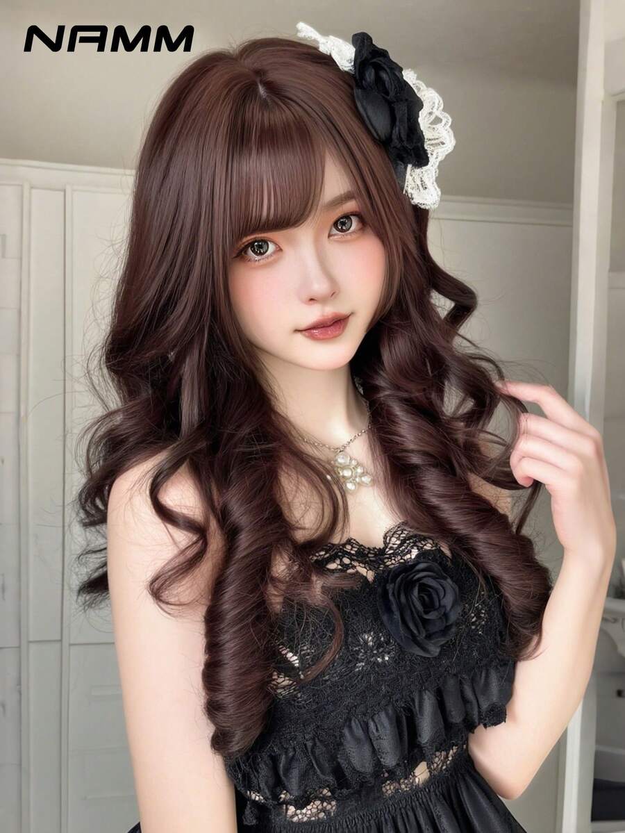 NAMM 22英寸棕色刘海角色扮演假发 - 长款波浪卷发刘海假发，耐热纤维合成全机染服装假发，适用于音乐派对、动漫角色扮演、摄影等场合。