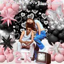 127件套Y2K主题气球拱门套装，包含爆炸星和蝴蝶铝箔气球，粉色、黑色和银色乳胶气球。适用于生日派对、90年代复古派对、情人节装饰和Y2K主题派对装饰。 - 彩色 - 查看 4