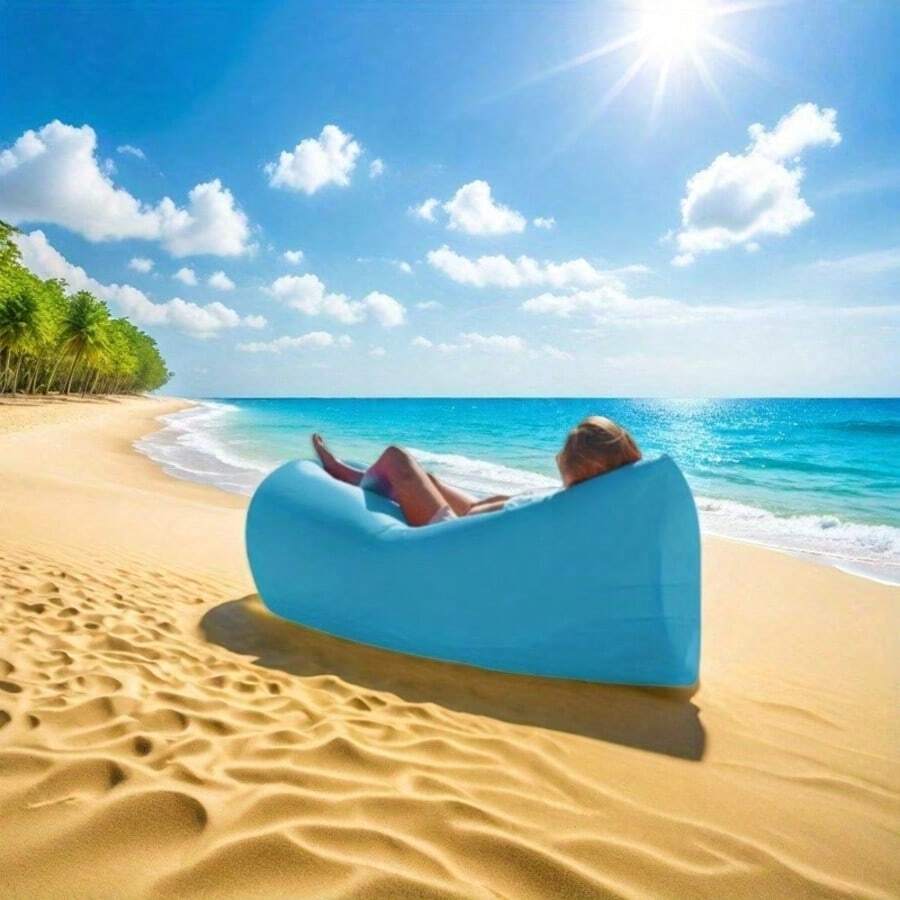 Beach Music Festival Essentials - Quick Inflatable Lazy Sofa + Foldable Sleeping Bag + Camping Mattress | Outdoor Camping Inflatable Mattress 2-Piece Set - 淺藍色 - 查看 1