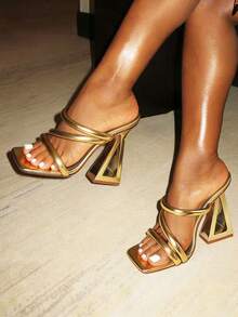 Women's High Heels Square Toe Chunky Mules Sandals Multi-Colored Pyramid Heels With Golden Decorations Glamorous Party High Heels - 金色 - 查看 1