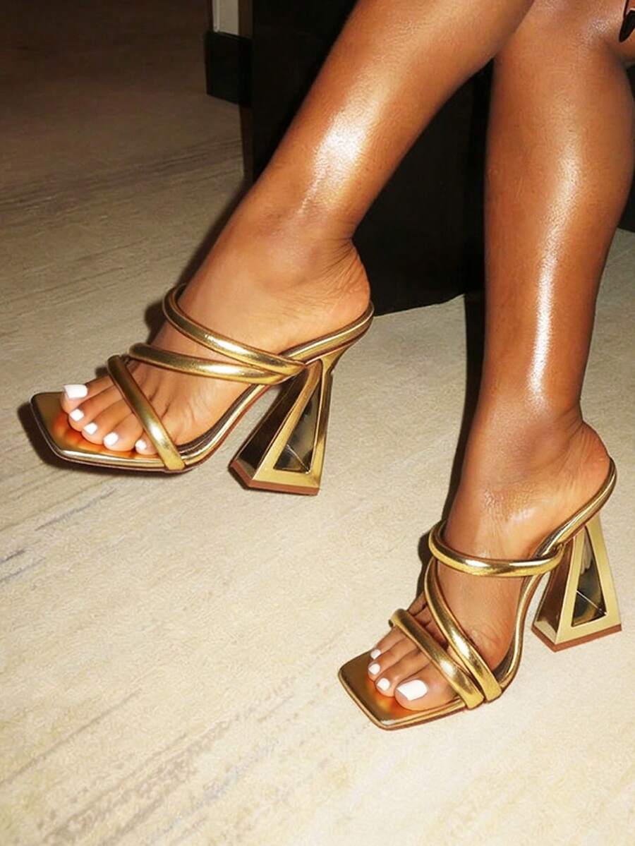 Women's High Heels Square Toe Chunky Mules Sandals Multi-Colored Pyramid Heels With Golden Decorations Glamorous Party High Heels - 金色 - 查看 1
