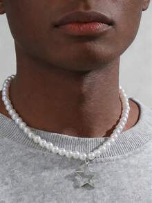 1 Pieza Collar Colgante De Estrella Calado Con Cuentas De Imitación De Perlas De Moda Para Mujer Para Decoración Diaria Y Regalo De Citas - Plateado - Ver 1