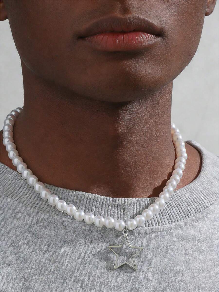 1 Pieza Collar Colgante De Estrella Calado Con Cuentas De Imitación De Perlas De Moda Para Mujer Para Decoración Diaria Y Regalo De Citas - Plateado - Ver 1