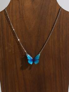 1pc INS Style Blue Butterfly Clavicle Chain, Fashion Versatile Minimalist 3D Realistic Blue Butterfly Necklace For Women - Silver - View 1