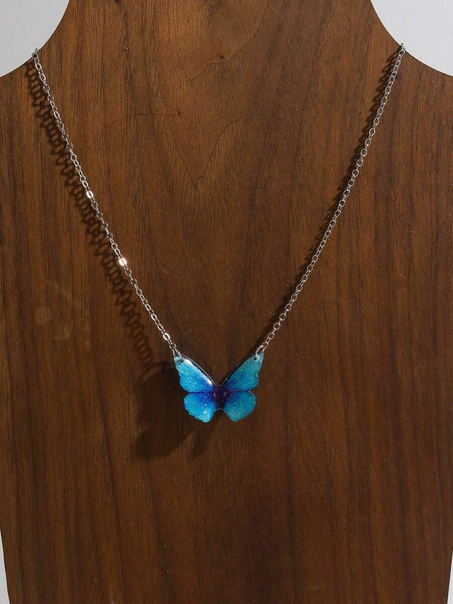 1pc INS Style Blue Butterfly Clavicle Chain, Fashion Versatile Minimalist 3D Realistic Blue Butterfly Necklace For Women - Silver - View 1