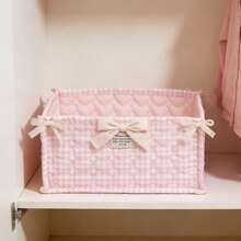 Quilted Table Basket Cute Bow Desk Accessories Organizers Container For Office Home Stationery Snack Toys - 粉色 - 查看 1