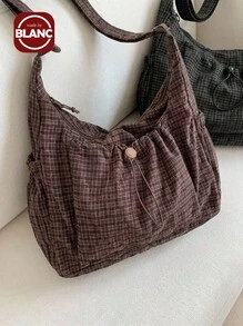 Plaid Women's Shoulder Bag, Casual Versatile Foldable Zipper Closure Adjustable Strap Tote Bag, Suitable For Daily Use, School/College Students, Simple & Cute Pleated Multi-Pocket Drawstring Front Pocket Cloth Bag - Multicolor - View 4