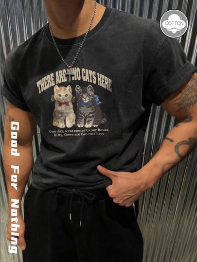 Distressed Black Oversized Short Sleeve Shirt, Vintage Wash Finish + Cute Cat Graphic, Fashionable Everyday Streetwear Chinese Style