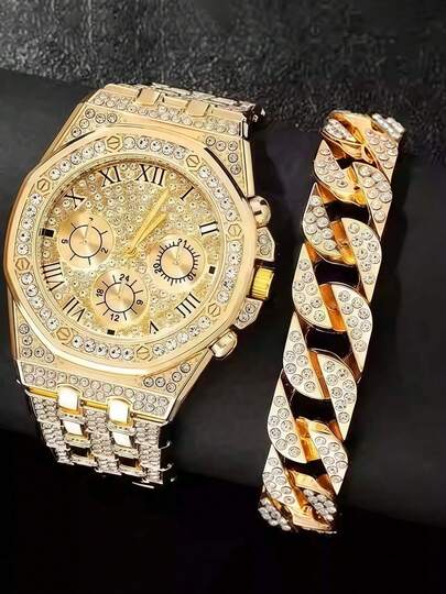 奢华男士腕表 不锈钢表带 金色男士腕表 时尚嘻哈腕表 镶钻大表盘商务石英腕表