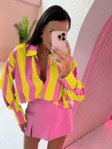 Women's Polyester Collared Shirt, Button Front, Striking Striped Pattern, Long Sleeve, Regular Length Party - Yellow - View 2