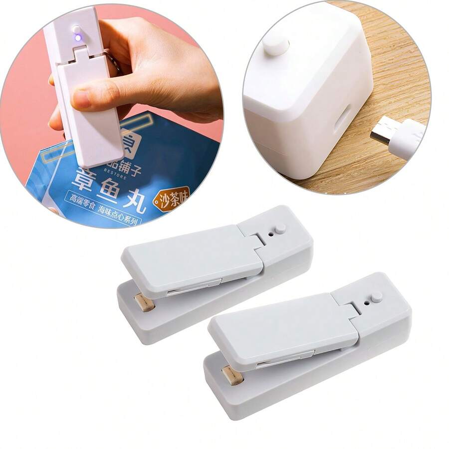 1/2 pieza Selladora de impulso mini, máquina de sellado manual recargable por USB, 2 en 1 abridor y sellador de bolsas, para bolsas de plástico, bolsas de aperitivos, empaquetado hermético y conservación de alimentos, esencial para picnic y viajes al aire libre - Gris 2 piezas - Ver 1