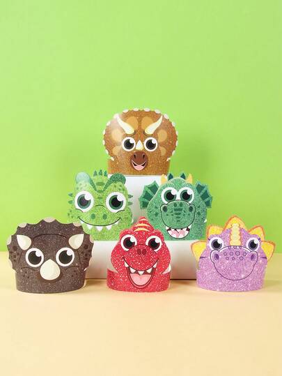 6顶恐龙生日帽，彩色恐龙图案纸质派对帽，生日派对用品，婴儿派对装饰帽，新生儿派对摄影道具，一周岁生日派对装饰，婴儿派对装饰，恐龙主题派对装饰，性别揭晓派对装饰，生日礼物，生日派对配件，节日庆典派对头饰，派对小礼物