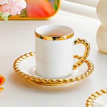 6pcs/Set 100ml+4.5inch Ceramic Cup & Saucer, Electroplated Gold Design, Luxury Minimalist Style Coffee/Tea Set, Suitable For Office, Living Room, Kitchen, Gift - White - View 6