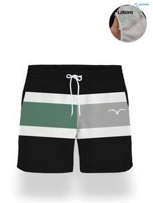 Men's Quick-Dry Mesh Lined Swimming Shorts With Contrast Color, Seagull Print, Drawstring Waist And Side Pockets - Multicolor - View 3