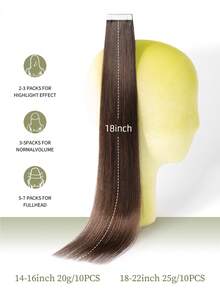 DNE HAIR 10片装100%真人发隐形接发片，长度14-22英寸，2号深棕色直发，适合细软发质，发尾浓密，适合日常佩戴和沙龙使用。 - S2 - 查看 4