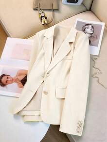 Plus Size Women Elegant Casual Heart Button Blazer Spring White - White - View 4