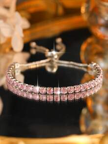 2 peças/1 conjunto Pulseiras de Corrente de Tênis de Zircônia Cúbica Rosa Requintada para Presentes de Aniversário, Festival e Decoração Diária de Joias de Cobre para Adolescentes - Pulseira - Visão 10