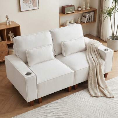 70.8" Fabric Upholstered Loveseat Sofa,Comfy Sofa Couch With Cupholders And Side Pocket,Modern 2 Seater Deep Seat Couch Suitable For Living Room,Apartment And Small Places,Beige