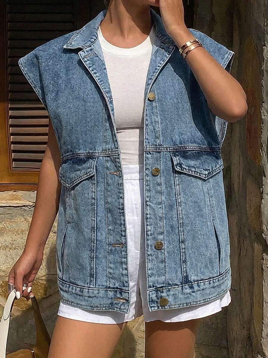 Women's Casual Washed Sleeveless Denim Top - Blue - View 1